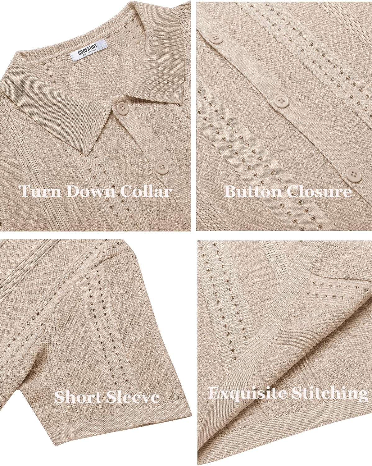 image:imageCOOFANDY Mens Knit Shirts Short Sleeve Button Down Polo Shirt Summer Beach Fashion Knitted Casual Shirt Breathable Hollow Out Lightweight Vacation Season StapleApricot
