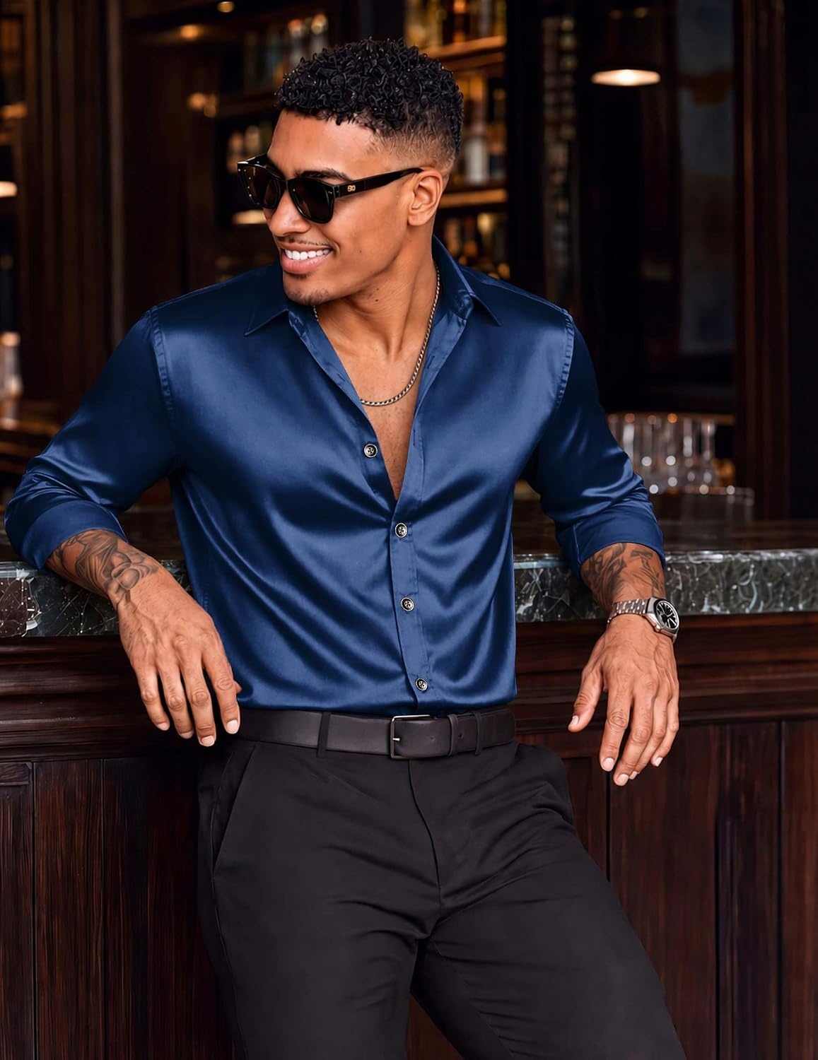 image:imageCOOFANDY Mens Silk Satin Dress Shirts Long Sleeve Shiny Button Down Shirt Luxury Button Up Shirt Business Casual SilkLike Classic Solid Party 70s Retro Disco Wedding Prom Wear for MenNavy Blue