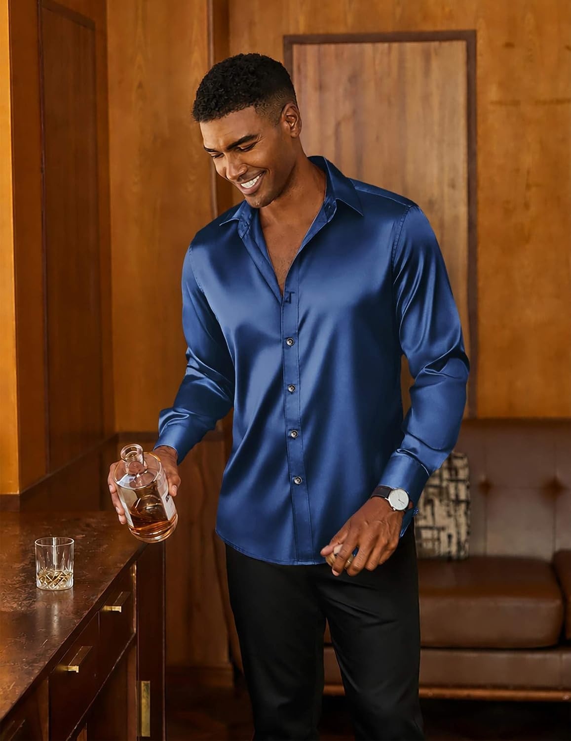 image:imageCOOFANDY Mens Silk Satin Dress Shirts Long Sleeve Shiny Button Down Shirt Luxury Button Up Shirt Business Casual SilkLike Classic Solid Party 70s Retro Disco Wedding Prom Wear for MenNavy Blue