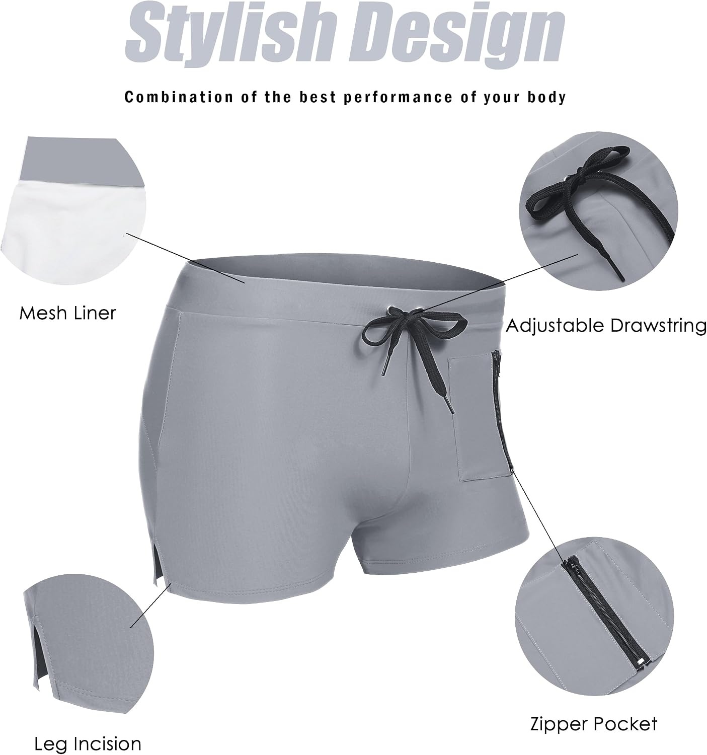 image:imageCOOFANDY Mens Swim Trunks Bathing Suit Swim Brief Square Leg Board Short1 Grey
