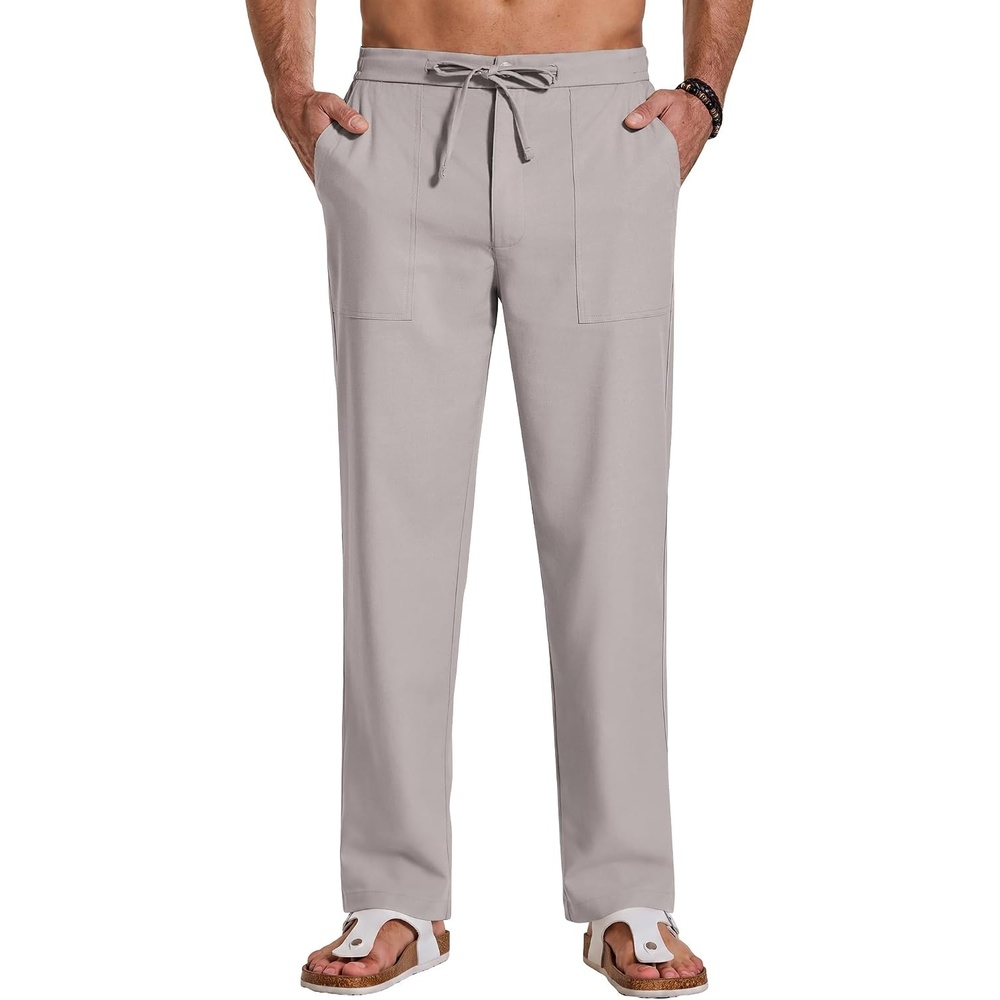image:imageCOOFANDY Men Cotton Linen Pants Casual Drawstring Summer Beach Dress Pant  Elastic Waist Drawstring Lightweight Soft Breathable Straight Leg Buttoned Back Pockets Summer Beach Vocation TrousersLight Grey