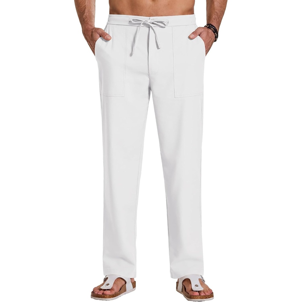 image:imageCOOFANDY Men Cotton Linen Pants Casual Drawstring Summer Beach Dress Pant Elastic Waist Drawstring Lightweight Soft Breathable Straight Leg Buttoned Back Pockets Summer Beach Vocation TrousersWhite