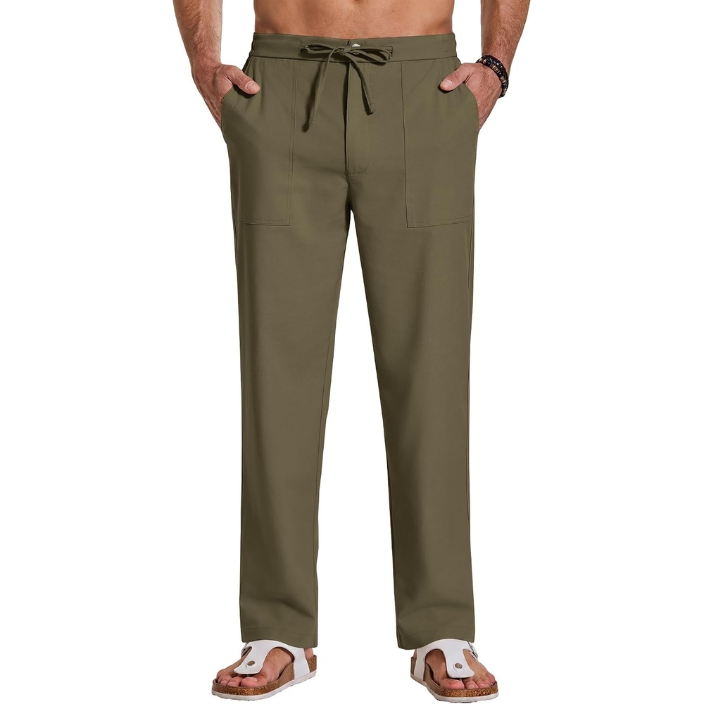 image:imageCOOFANDY Men Cotton Linen Pants Casual Drawstring Summer Beach Dress Pant Elastic Waist Drawstring Lightweight Soft Breathable Straight Leg Buttoned Back Pockets Summer Beach Vocation TrousersOlive Green