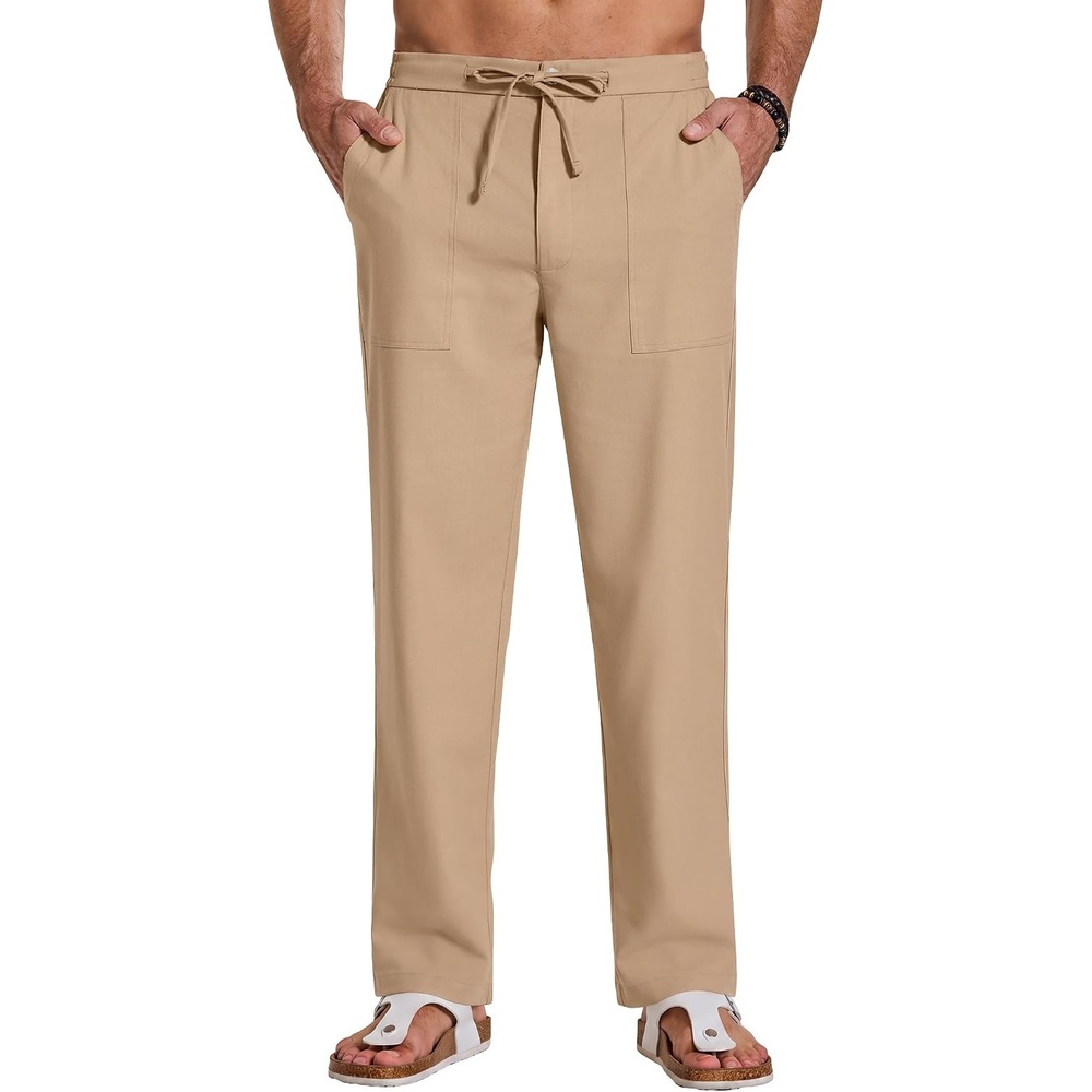 image:imageCOOFANDY Men Cotton Linen Pants Casual Drawstring Summer Beach Dress Pant Elastic Waist Drawstring Lightweight Soft Breathable Straight Leg Buttoned Back Pockets Summer Beach Vocation TrousersKhaki