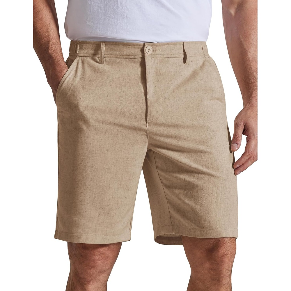 image:imageCOOFANDY Mens Casual Shorts 9 Flat Front Elastic Waist Linen Dress Shorts  Premium Linen Blend Fabric Lightweight Breathable SkinFriendly Straight Leg Summer Beach WearKhaki
