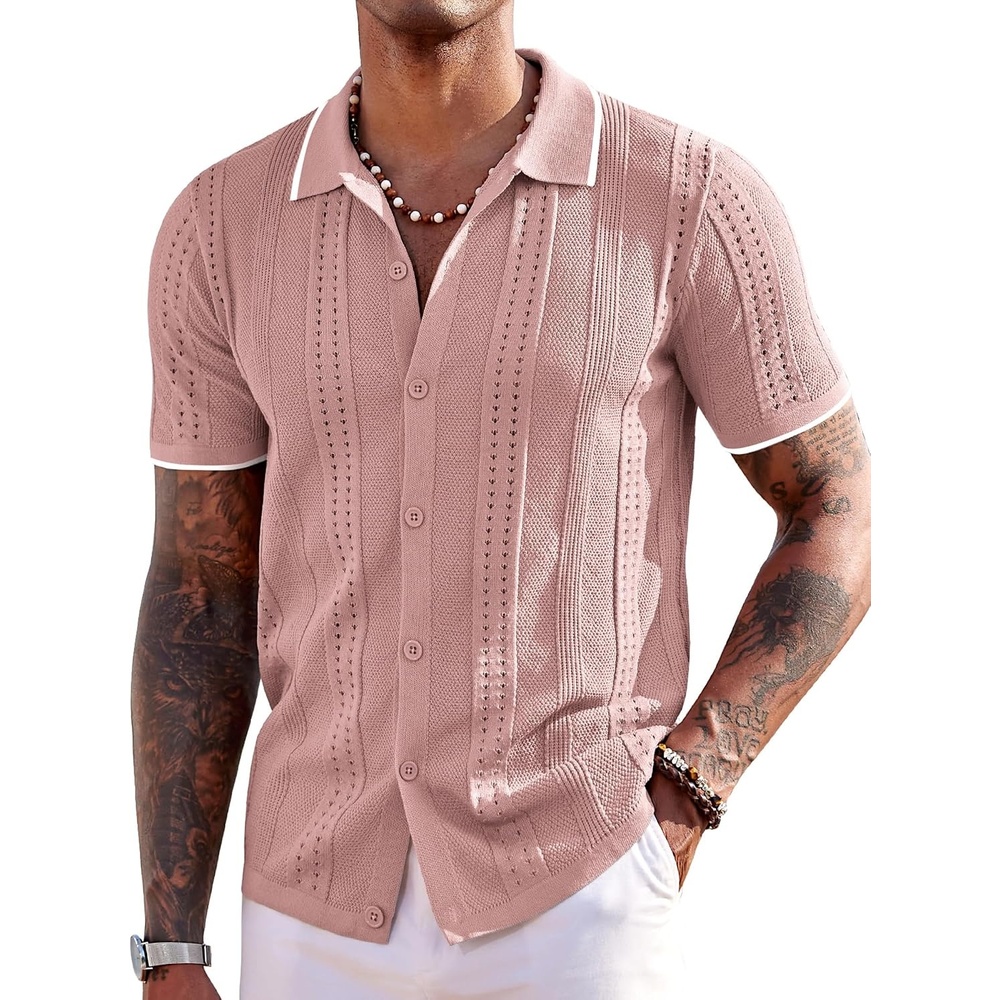 image:imageCOOFANDY Mens Knit Shirts Short Sleeve Button Down Polo Shirt Summer Beach Fashion Knitted Casual Shirt Breathable Hollow Out Lightweight Vacation Season StapleClassic Dusty Pink White