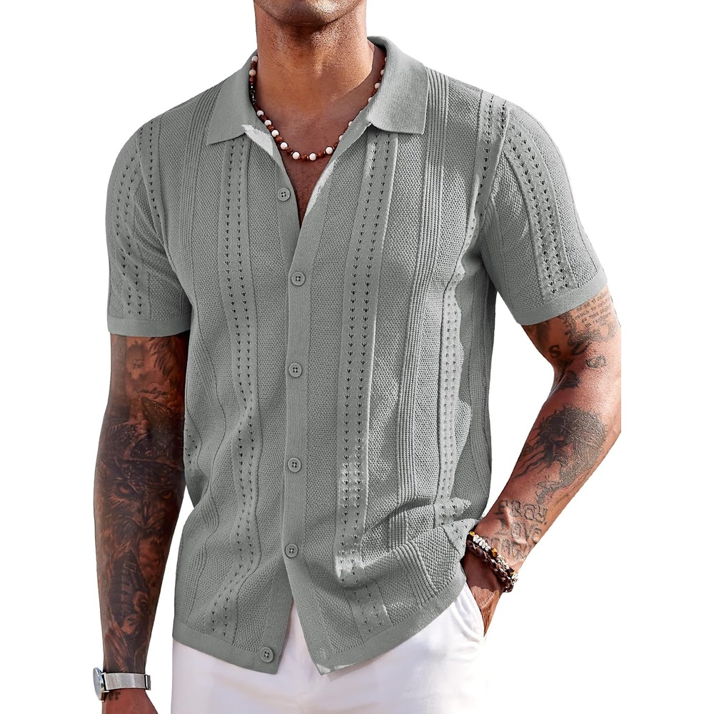 image:imageCOOFANDY Mens Knit Shirts Short Sleeve Button Down Polo Shirt Summer Beach Fashion Knitted Casual Shirt Breathable Hollow Out Lightweight Vacation Season StapleLight Grey