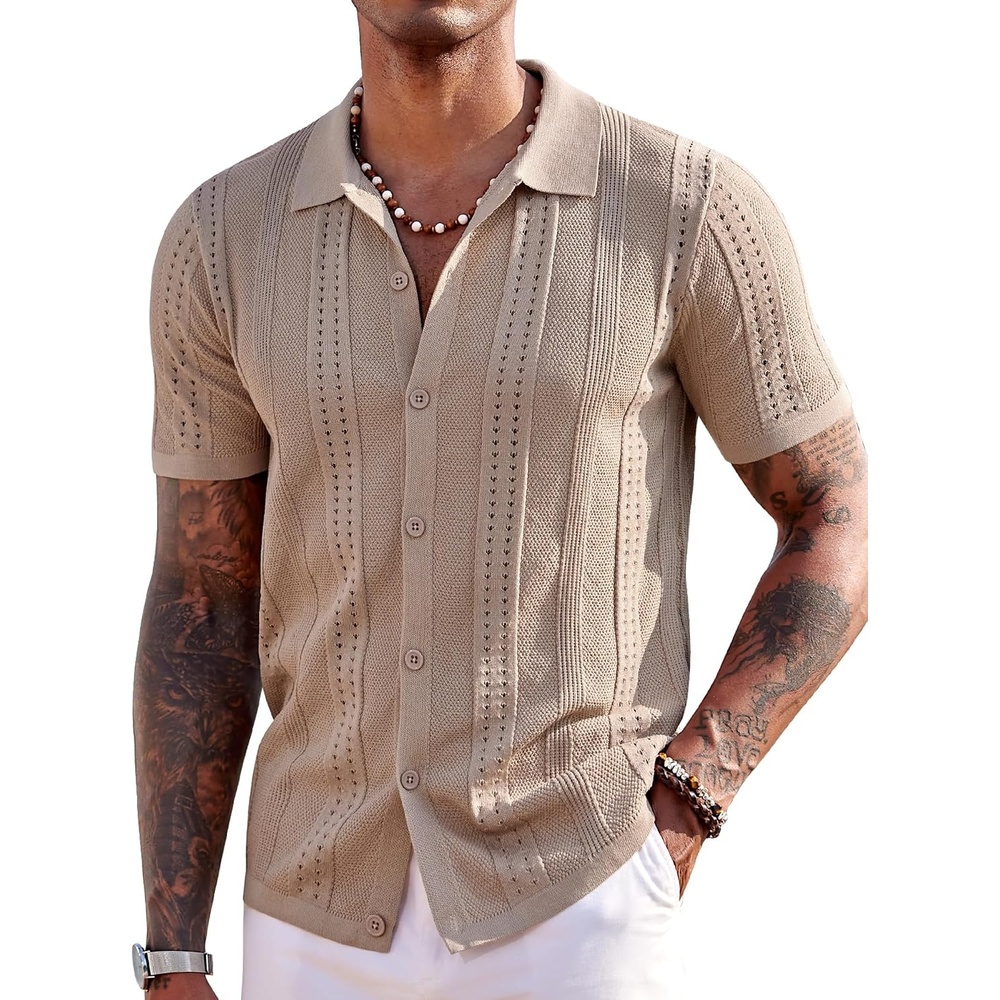 image:imageCOOFANDY Mens Knit Shirts Short Sleeve Button Down Polo Shirt Summer Beach Fashion Knitted Casual Shirt Breathable Hollow Out Lightweight Vacation Season StapleKhaki