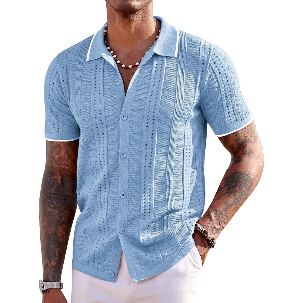 image:imageCOOFANDY Mens Knit Shirts Short Sleeve Button Down Polo Shirt Summer Beach Fashion Knitted Casual Shirt Breathable Hollow Out Lightweight Vacation Season StapleClassic Light Blue White