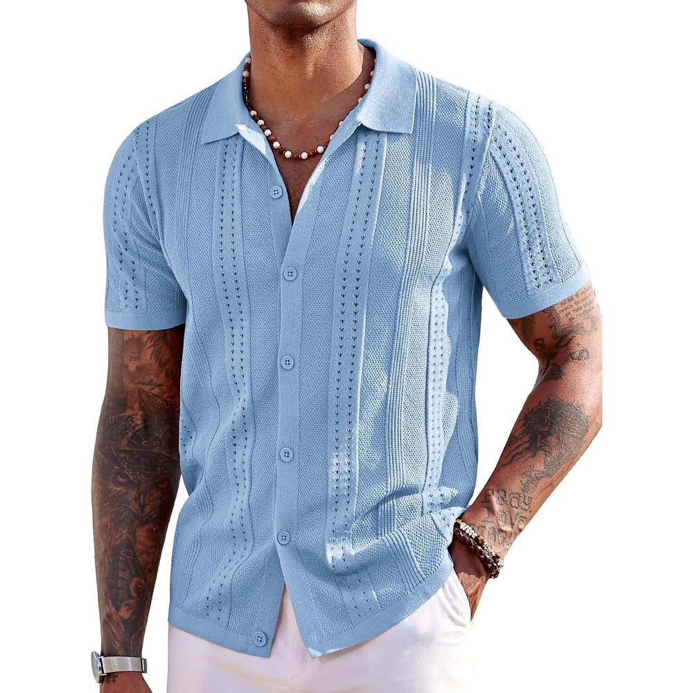 image:imageCOOFANDY Mens Knit Shirts Short Sleeve Button Down Polo Shirt Summer Beach Fashion Knitted Casual Shirt Breathable Hollow Out Lightweight Vacation Season StapleLight Blue