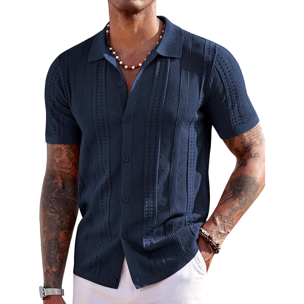 image:imageCOOFANDY Mens Knit Shirts Short Sleeve Button Down Polo Shirt Summer Beach Fashion Knitted Casual Shirt Breathable Hollow Out Lightweight Vacation Season StapleNavy Blue