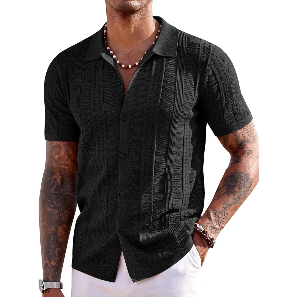 image:imageCOOFANDY Mens Knit Shirts Short Sleeve Button Down Polo Shirt Summer Beach Fashion Knitted Casual Shirt Breathable Hollow Out Lightweight Vacation Season StapleBlack