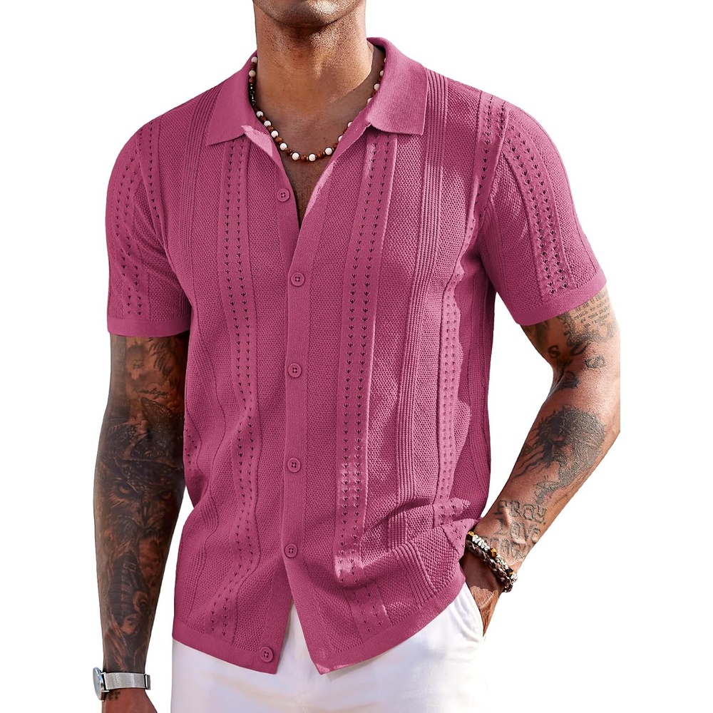 image:imageCOOFANDY Mens Knit Shirts Short Sleeve Button Down Polo Shirt Summer Beach Fashion Knitted Casual Shirt Breathable Hollow Out Lightweight Vacation Season StapleMagenta