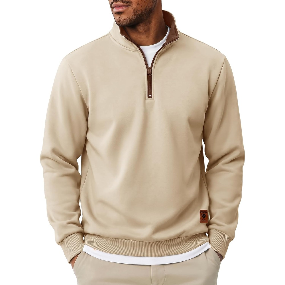 image:imageCOOFANDY Mens Quarter Zip Pullover Fleece Casual Long Sleeve Polo Sweater  14 Zip Pullover Fleece Lined Color Black Collar Sweatshirt Long Sleeve Sweater Casual Vintage Classic Fall WinterKhaki