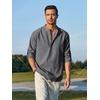 COOFANDY Men’s Cotton Linen Henley T-Shirts Long Sleeve Casual Beach Shirts | Mens Linen Shirt,Regular Relaxed Fit,Lightweight,Breathable,and Moisture-wicking for Beach,Vacation or Everyday Summer Wear(Black Striped)