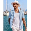 COOFANDY Men’s Knit Shirts Short Sleeve Button Down Polo Shirt Summer Beach | Fashion Knitted Casual Shirt, Breathable Hollow Out, Lightweight, Vacation Season Staple(Classic Light Blue & White)