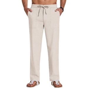 COOFANDY Men Cotton Linen Pants Casual Drawstring Summer Beach Dress Pant | Elastic Waist Drawstring, Lightweight, Soft, Breathable, Straight Leg, Buttoned Back Pockets, Summer Beach Vocation Trousers(Linen Khaki)