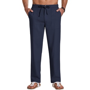 COOFANDY Men Cotton Linen Pants Casual Drawstring Summer Beach Dress Pant | Elastic Waist Drawstring, Lightweight, Soft, Breathable, Straight Leg, Buttoned Back Pockets, Summer Beach Vocation Trousers(Navy Blue)