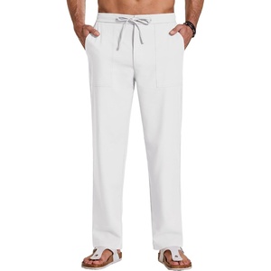 COOFANDY Men Cotton Linen Pants Casual Drawstring Summer Beach Dress Pant | Elastic Waist Drawstring, Lightweight, Soft, Breathable, Straight Leg, Buttoned Back Pockets, Summer Beach Vocation Trousers(White)