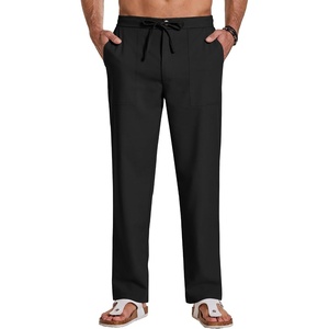 COOFANDY Men Cotton Linen Pants Casual Drawstring Summer Beach Dress Pant | Elastic Waist Drawstring, Lightweight, Soft, Breathable, Straight Leg, Buttoned Back Pockets, Summer Beach Vocation Trousers(Black)