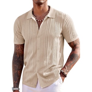 COOFANDY Men’s Knit Shirts Short Sleeve Button Down Polo Shirt Summer Beach | Fashion Knitted Casual Shirt, Breathable Hollow Out, Lightweight, Vacation Season Staple(Apricot)