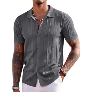 COOFANDY Men’s Knit Shirts Short Sleeve Button Down Polo Shirt Summer Beach | Fashion Knitted Casual Shirt, Breathable Hollow Out, Lightweight, Vacation Season Staple(Dark Grey)