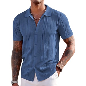 COOFANDY Men’s Knit Shirts Short Sleeve Button Down Polo Shirt Summer Beach | Fashion Knitted Casual Shirt, Breathable Hollow Out, Lightweight, Vacation Season Staple(Denim Blue)