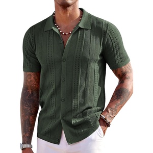 COOFANDY Men’s Knit Shirts Short Sleeve Button Down Polo Shirt Summer Beach | Fashion Knitted Casual Shirt, Breathable Hollow Out, Lightweight, Vacation Season Staple(Army Green)