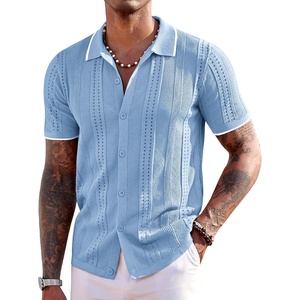 COOFANDY Men’s Knit Shirts Short Sleeve Button Down Polo Shirt Summer Beach | Fashion Knitted Casual Shirt, Breathable Hollow Out, Lightweight, Vacation Season Staple(Classic Light Blue & White)