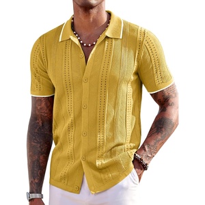 COOFANDY Men’s Knit Shirts Short Sleeve Button Down Polo Shirt Summer Beach | Fashion Knitted Casual Shirt, Breathable Hollow Out, Lightweight, Vacation Season Staple(Classic Yellow & White)