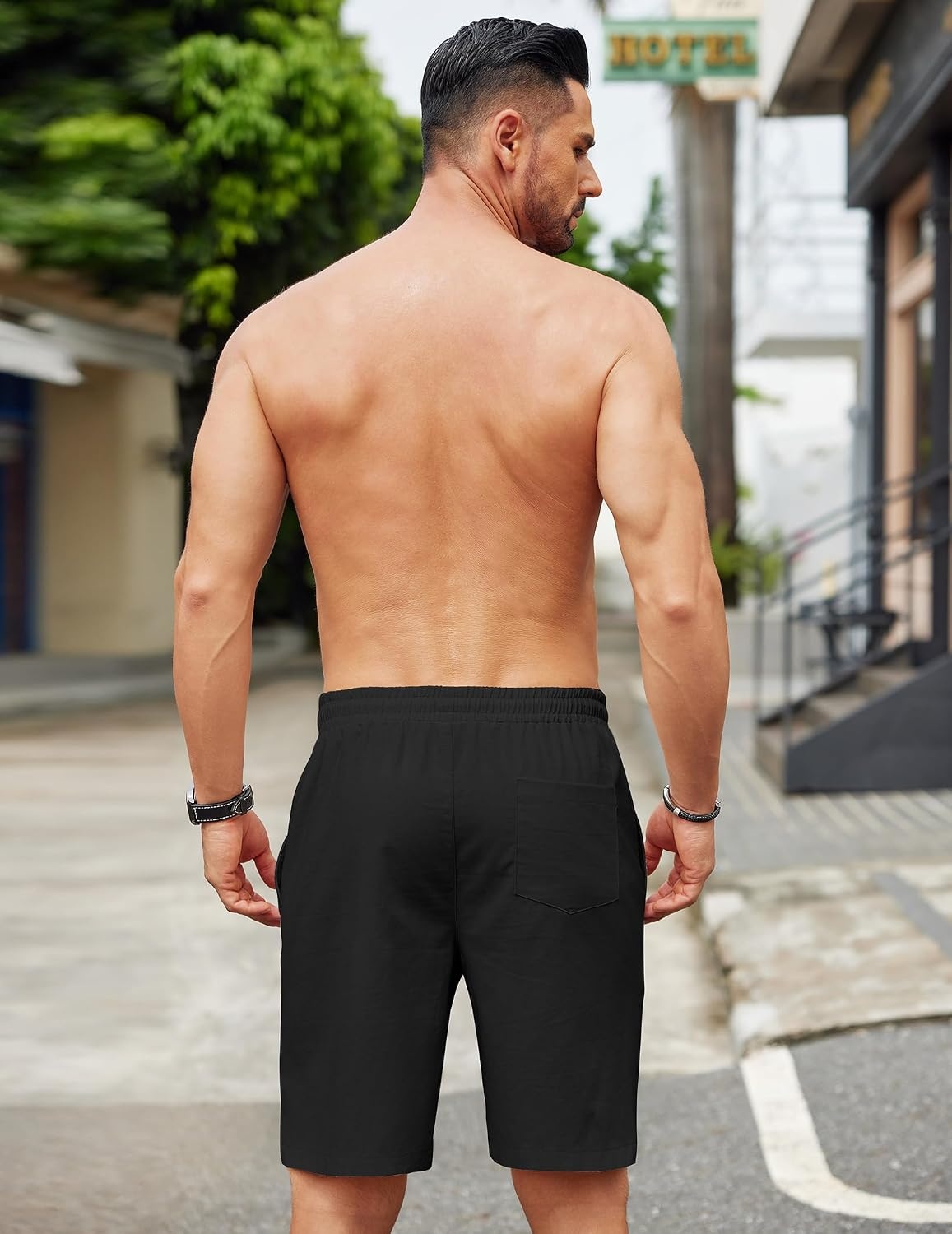 image:imageCOOFANDY Men Linen Beach Shorts Casual Drawstring Summer Vacation Shorts Elastic Waist Lightweight Stretch Short 9 Inch Inseam Slim Fit Holiday Vacation Shorts Flat Front Short Hawaiian StyleBlack
