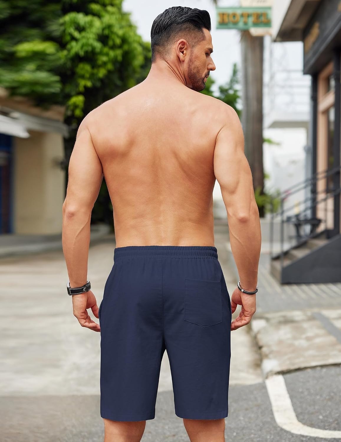 image:imageCOOFANDY Men Linen Beach Shorts Casual Drawstring Summer Vacation Shorts Elastic Waist Lightweight Stretch Short 9 Inch Inseam Slim Fit Holiday Vacation Shorts Flat Front Short Hawaiian StyleZ KhakiNavy Blue