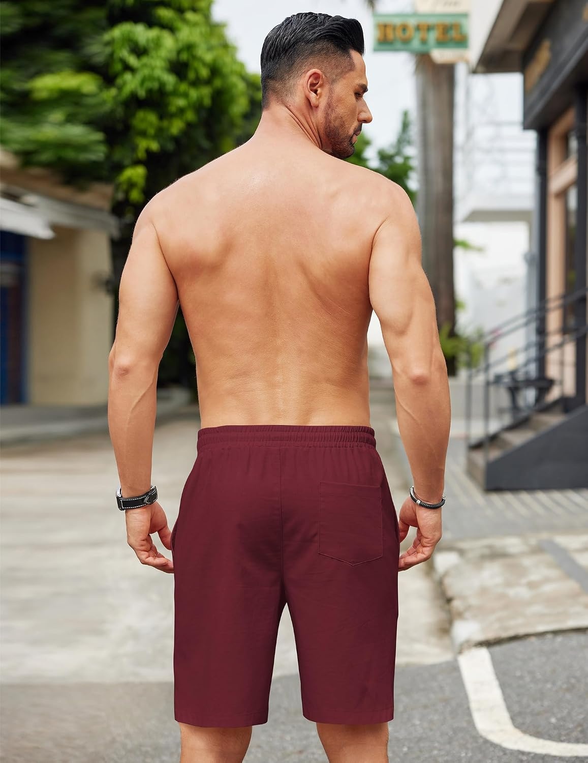 image:imageCOOFANDY Men Linen Beach Shorts Casual Drawstring Summer Vacation Shorts Elastic Waist Lightweight Stretch Short 9 Inch Inseam Slim Fit Holiday Vacation Shorts Flat Front Short Hawaiian StyleWine Red