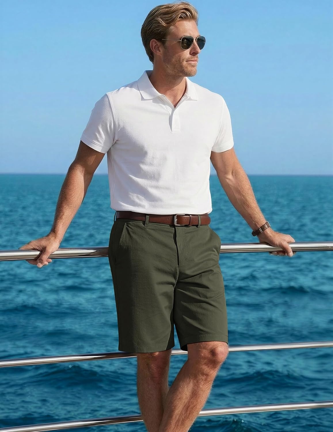 image:imageCOOFANDY Men Short Casual 9 Lightweight Cotton Comfort Stretch Dress Short Stretch Chino Short Lightweight Cotton Summer Shorts Breathable Elastic Waist Flat Front Stretch Dress Shorts Flat FrontGreen