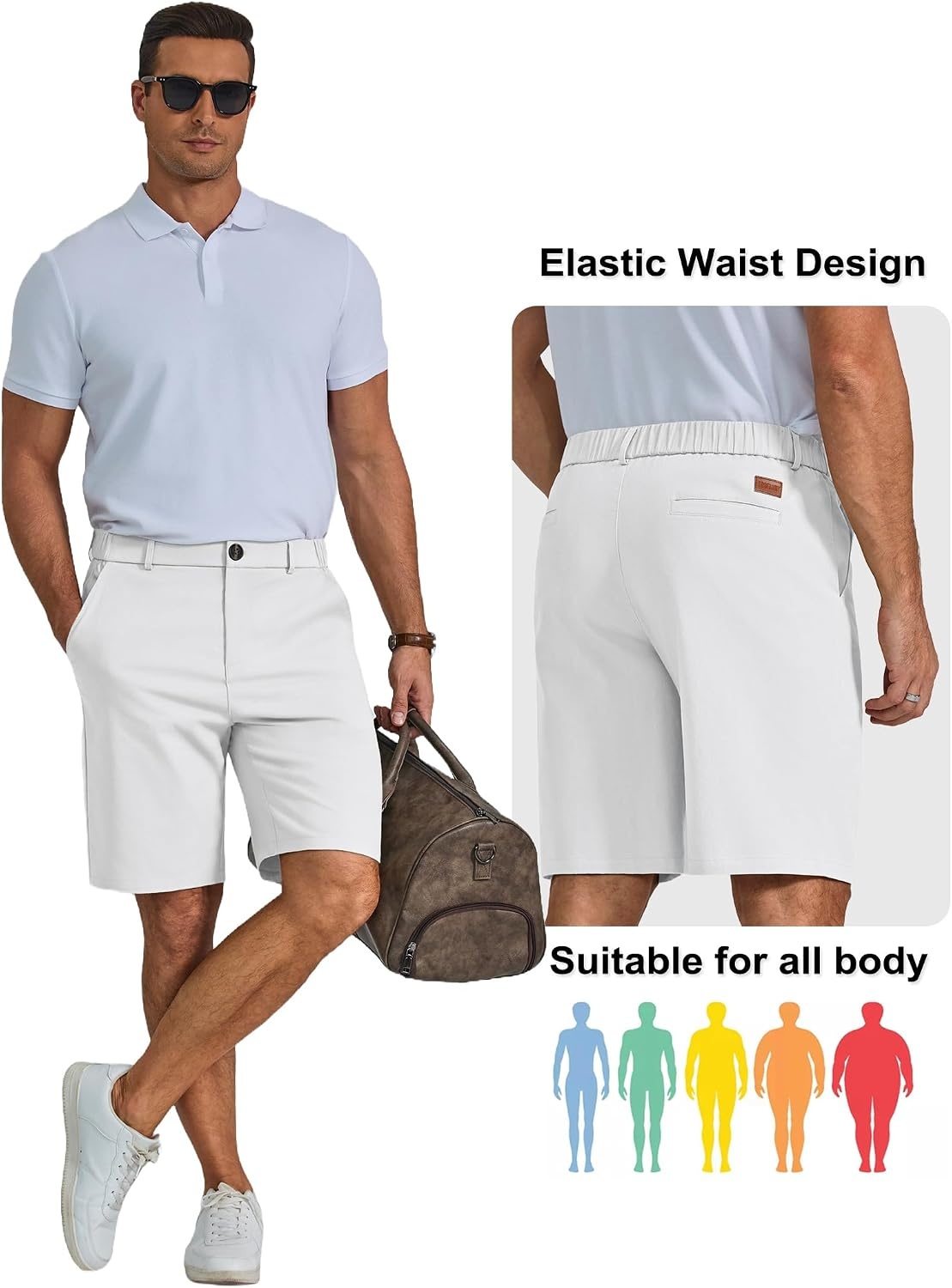 image:imageCOOFANDY Men Short Casual 9 Lightweight Cotton Comfort Stretch Dress Short Stretch Chino Short Lightweight Cotton Summer Shorts Breathable Elastic Waist Flat Front Stretch Dress Shorts Flat FrontWhite