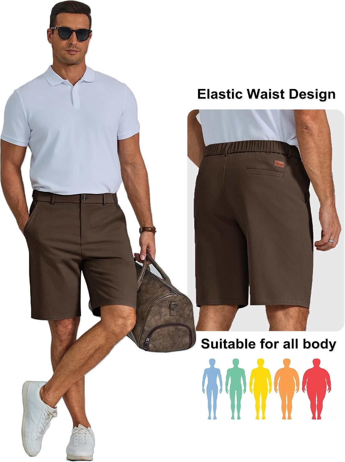 image:imageCOOFANDY Men Short Casual 9 Lightweight Cotton Comfort Stretch Dress Short Stretch Chino Short Lightweight Cotton Summer Shorts Breathable Elastic Waist Flat Front Stretch Dress Shorts Flat FrontBrown