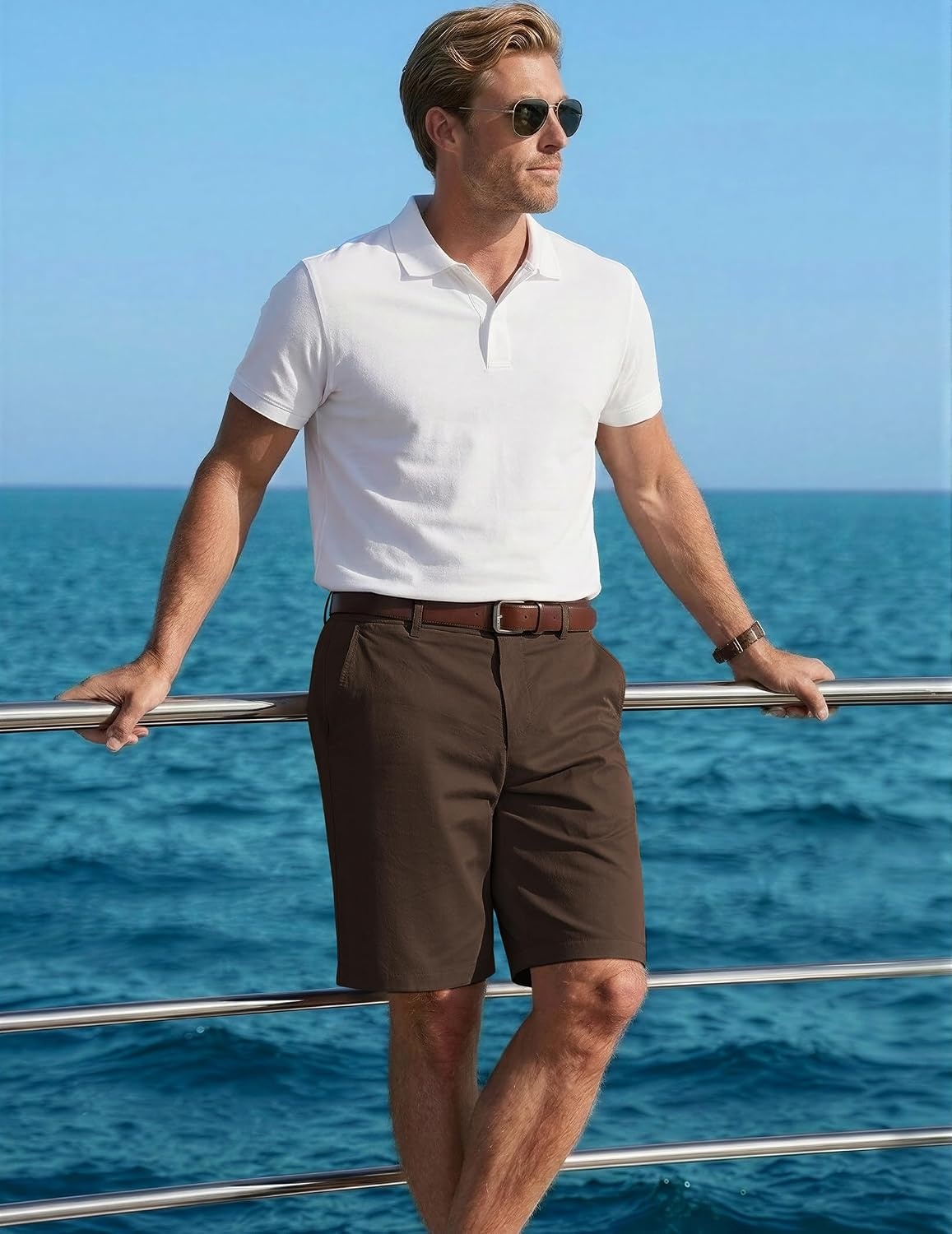 image:imageCOOFANDY Men Short Casual 9 Lightweight Cotton Comfort Stretch Dress Short Stretch Chino Short Lightweight Cotton Summer Shorts Breathable Elastic Waist Flat Front Stretch Dress Shorts Flat FrontBrown