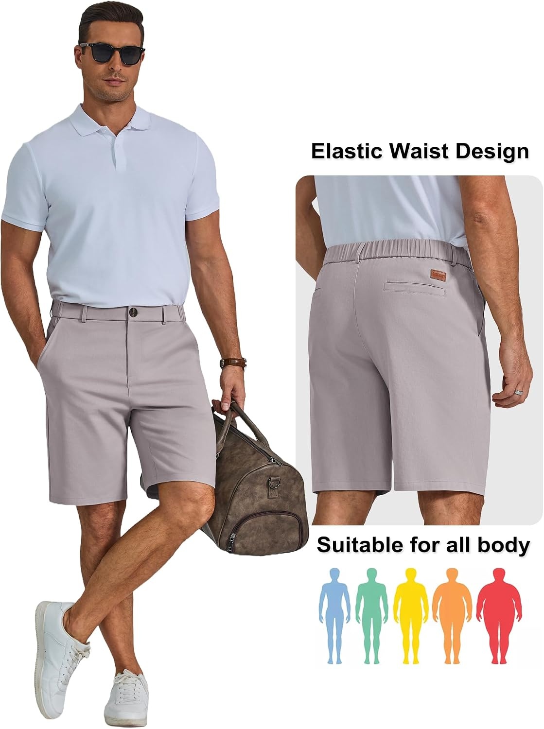image:imageCOOFANDY Men Short Casual 9 Lightweight Cotton Comfort Stretch Dress Short Stretch Chino Short Lightweight Cotton Summer Shorts Breathable Elastic Waist Flat Front Stretch Dress Shorts Flat FrontLight Gray