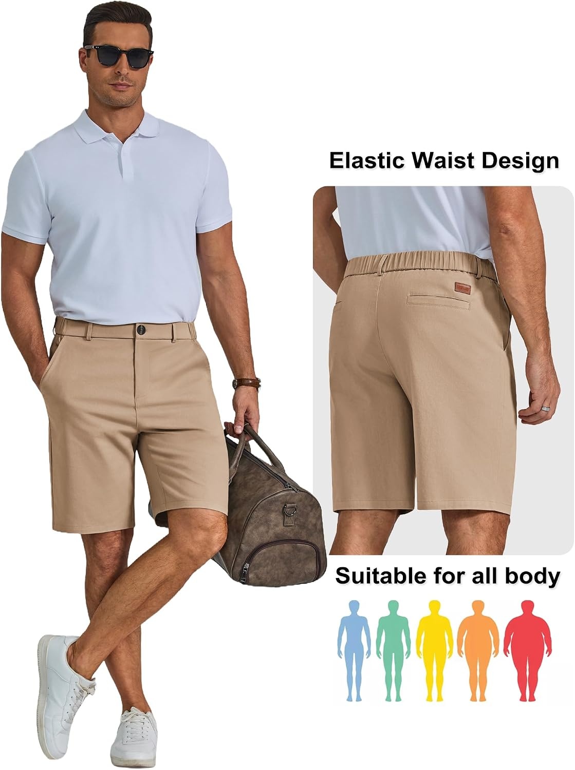 image:imageCOOFANDY Men Short Casual 9 Lightweight Cotton Comfort Stretch Dress Short Stretch Chino Short Lightweight Cotton Summer Shorts Breathable Elastic Waist Flat Front Stretch Dress Shorts Flat FrontKhaki