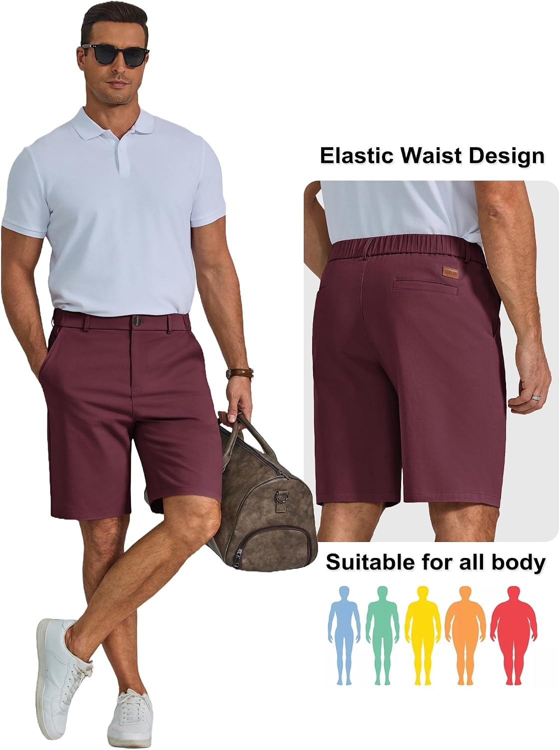image:imageCOOFANDY Men Short Casual 9 Lightweight Cotton Comfort Stretch Dress Short Stretch Chino Short Lightweight Cotton Summer Shorts Breathable Elastic Waist Flat Front Stretch Dress Shorts Flat FrontWine