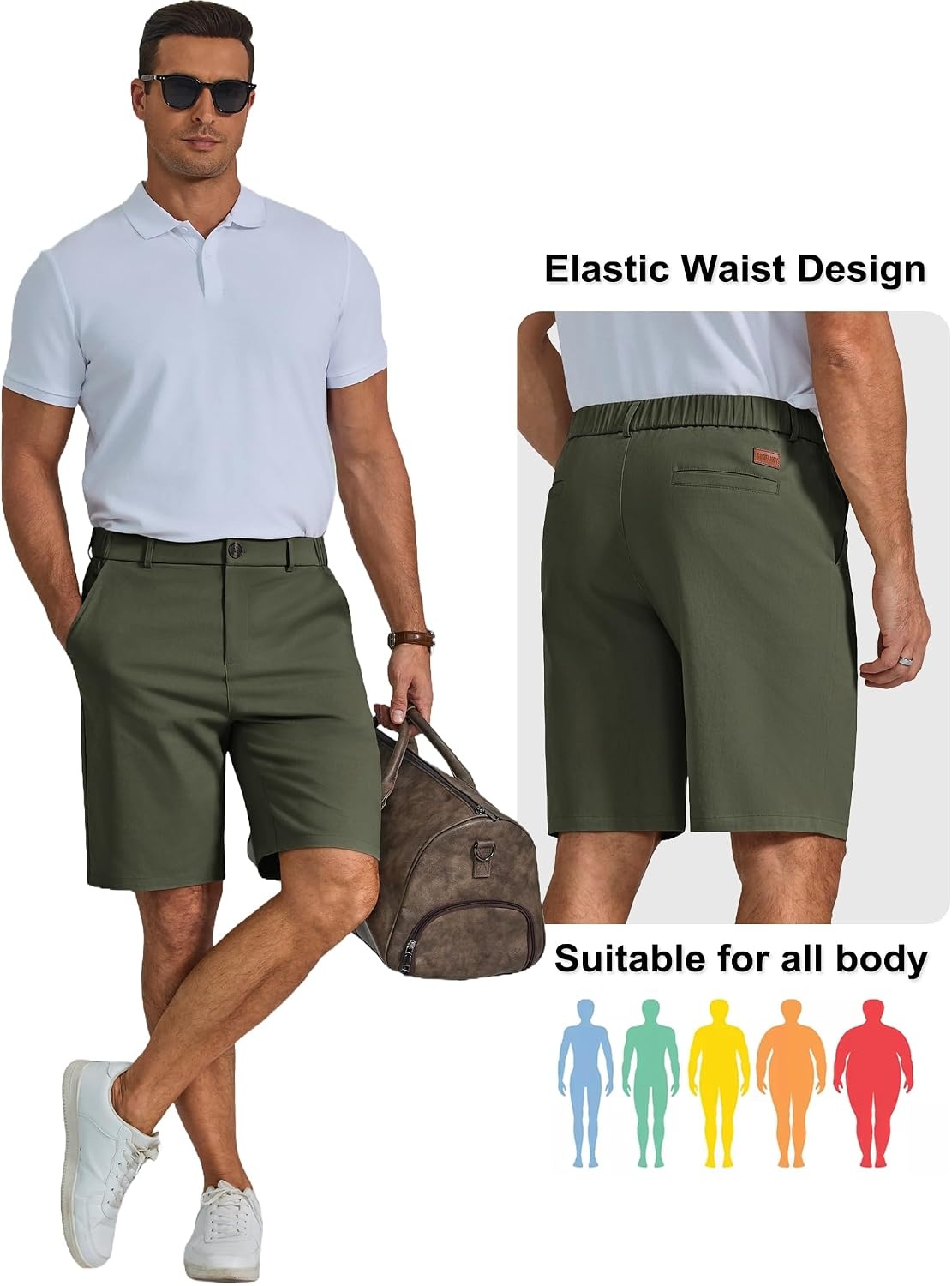 image:imageCOOFANDY Men Short Casual 9 Lightweight Cotton Comfort Stretch Dress Short Stretch Chino Short Lightweight Cotton Summer Shorts Breathable Elastic Waist Flat Front Stretch Dress Shorts Flat FrontGreen