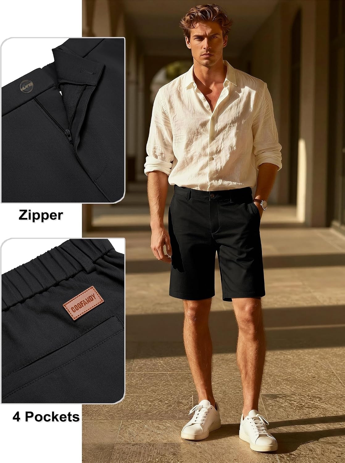 image:imageCOOFANDY Men Short Casual 9 Lightweight Cotton Comfort Stretch Dress Short Stretch Chino Short Lightweight Cotton Summer Shorts Breathable Elastic Waist Flat Front Stretch Dress Shorts Flat FrontBlack