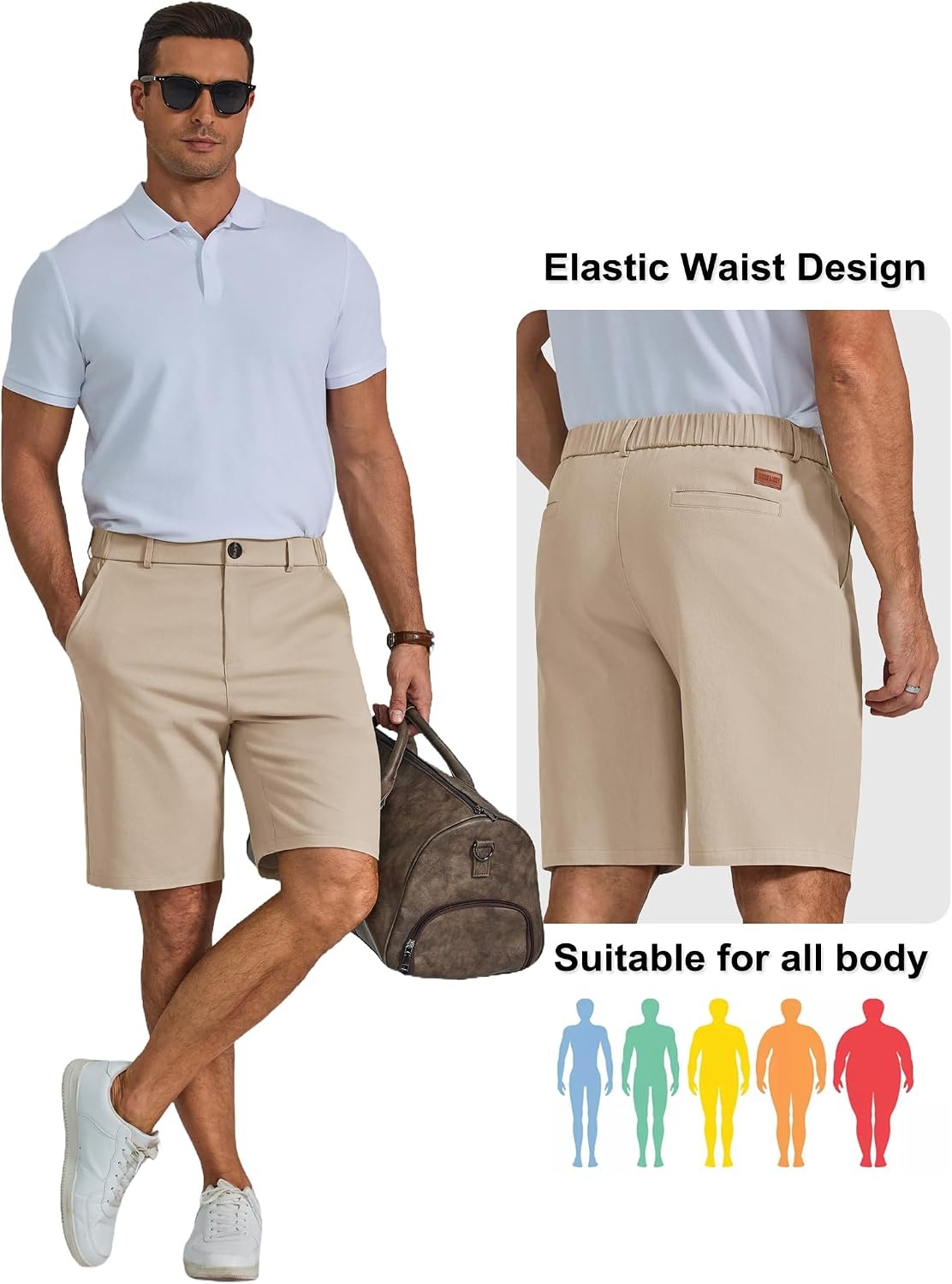 image:imageCOOFANDY Men Short Casual 9 Lightweight Cotton Comfort Stretch Dress Short Stretch Chino Short Lightweight Cotton Summer Shorts Breathable Elastic Waist Flat Front Stretch Dress Shorts Flat FrontLight Khaki