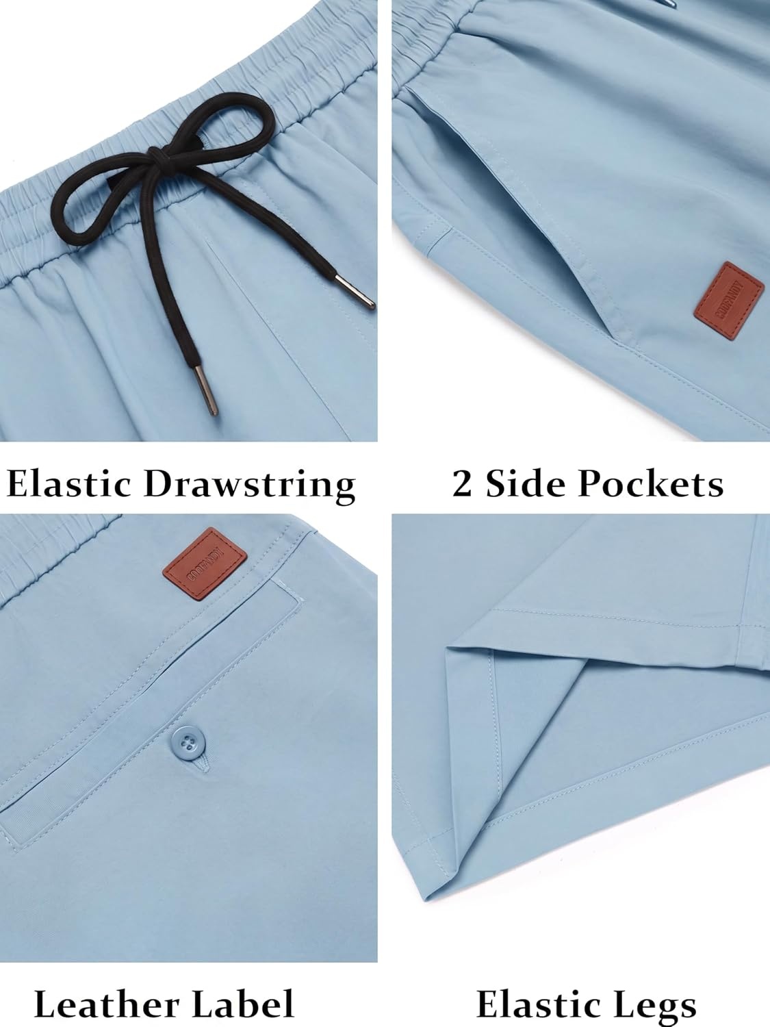 image:imageCOOFANDY Mens Casual Cotton 9 Shorts Drawstring Summer Beach Chino Shorts Elastic Waist Twill Cotton Fabric Deep Side Pockets 9 Inch Chino Length Regular Fit Leather Logo Summer Cruise VacationBaby Blue