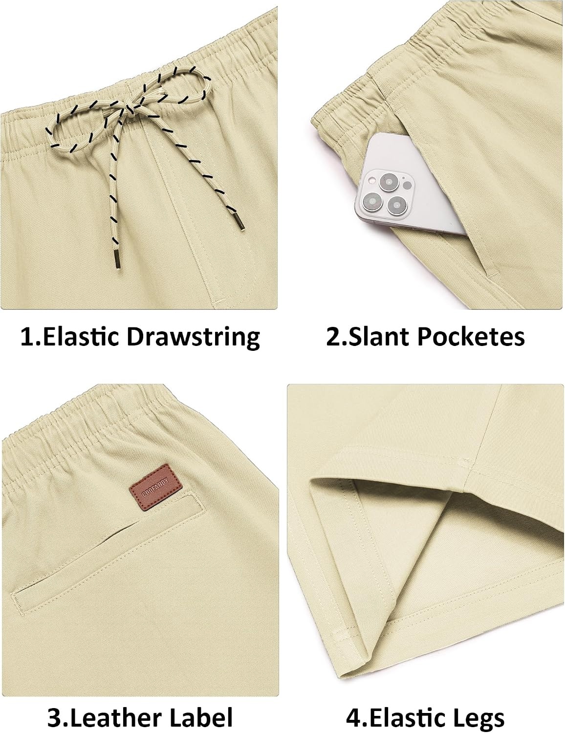 image:imageCOOFANDY Mens Casual Shorts Cotton Drawstring 9 inch Chino Shorts Stretch Elastic Waist Summer Beach Golf ShortsBeige