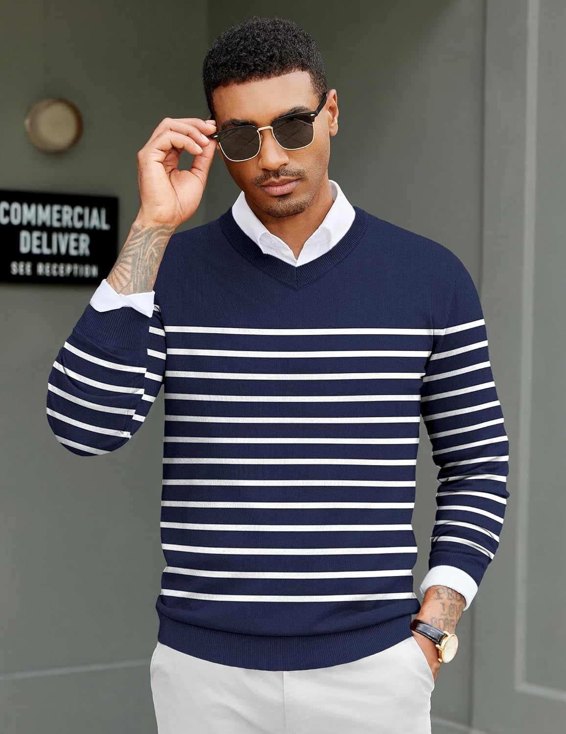 image:imageCOOFANDY Mens Casual V Neck Sweater Knit Slim Fit Long Sleeve Pullover Top Fall Winter Fashion Llightweight Soft Solid Casual Business Classic and Vintage Ribbed Hem Ribbed CuffNavywhite