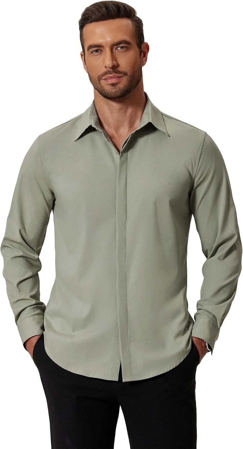 image:imageCOOFANDY Mens Formal Dress Shirt Hidden Button Front Wrinkle Free Shirt Regular Fit Stretch Business Casual Shirts01sage Green