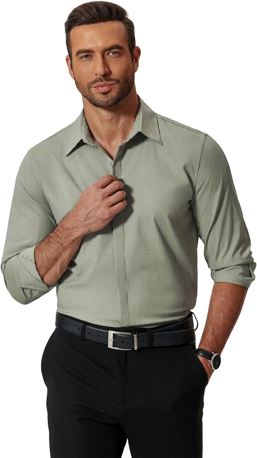 image:imageCOOFANDY Mens Formal Dress Shirt Hidden Button Front Wrinkle Free Shirt Regular Fit Stretch Business Casual Shirts01sage Green