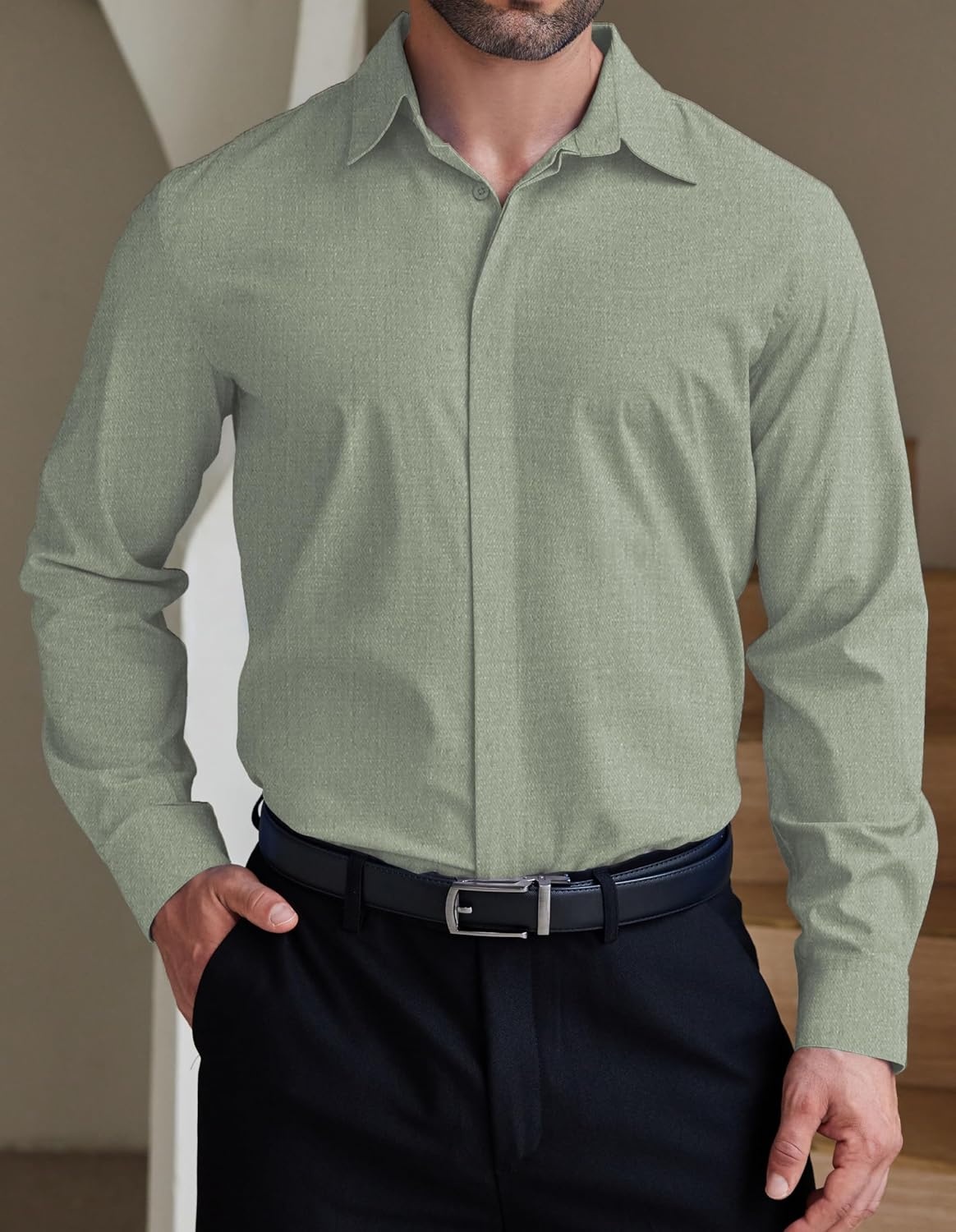 image:imageCOOFANDY Mens Formal Dress Shirt Hidden Button Front Wrinkle Free Shirt Regular Fit Stretch Business Casual Shirts01sage Green