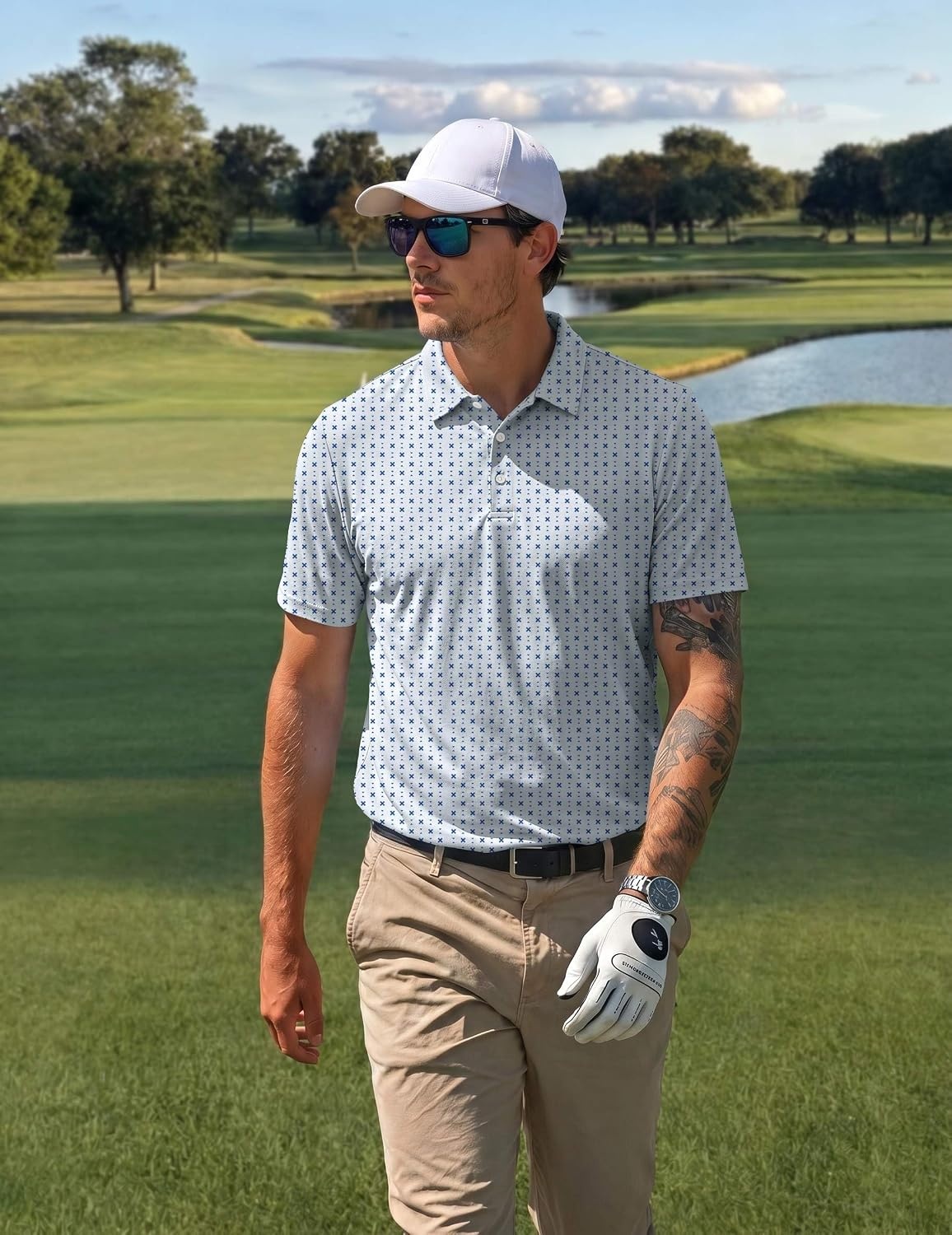 image:imageCOOFANDY Mens Golf Polo Shirts Short Sleeve Quick Dry Moisture Wicking Performance Collared Golf Shirt for MenGeometric Cross Print